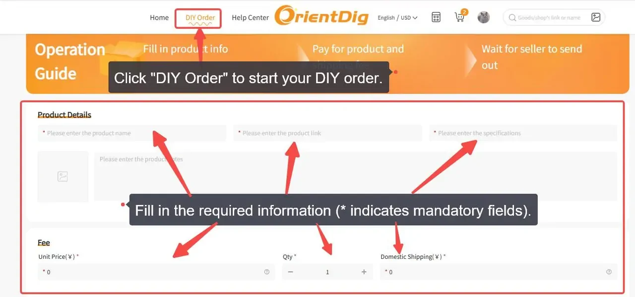 Official OrientDig DIY Order tutorial showing product URL, item, specifications and quantity fields