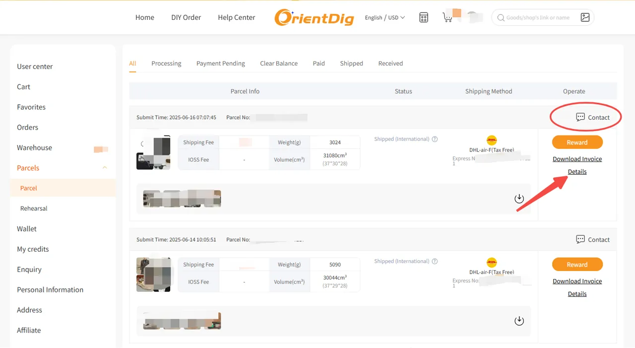 OrientDig parcel record with Details and Contact controls highlighted