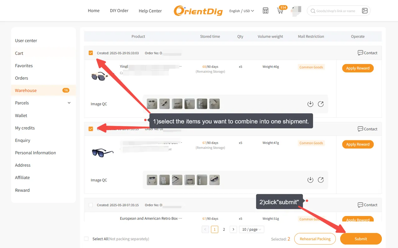 OrientDig Warehouse with item-selection boxes and a Submit control